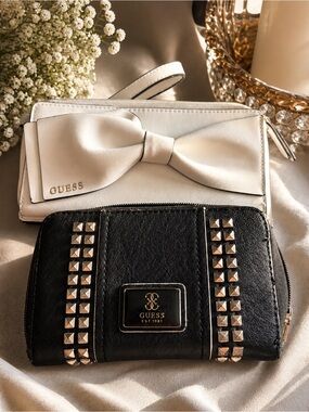GUESS Black Studded Zip Wallet with White Bow Wristlet